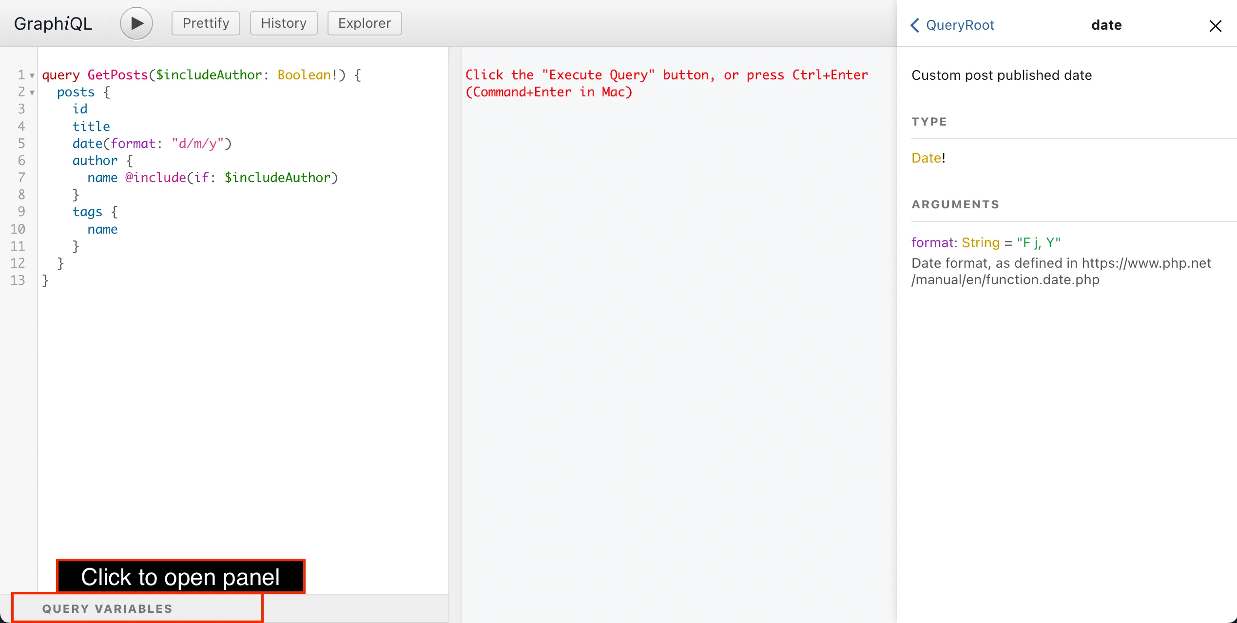 Query variables 패널 열기 Query variables 패널 열기