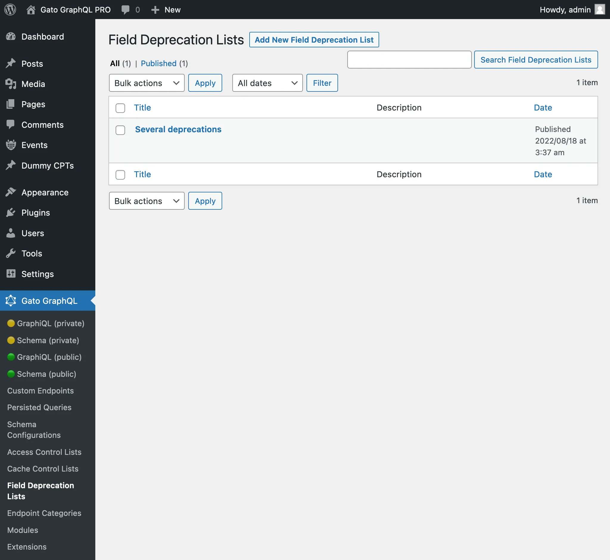 관리자 화면의 Field Deprecation Lists