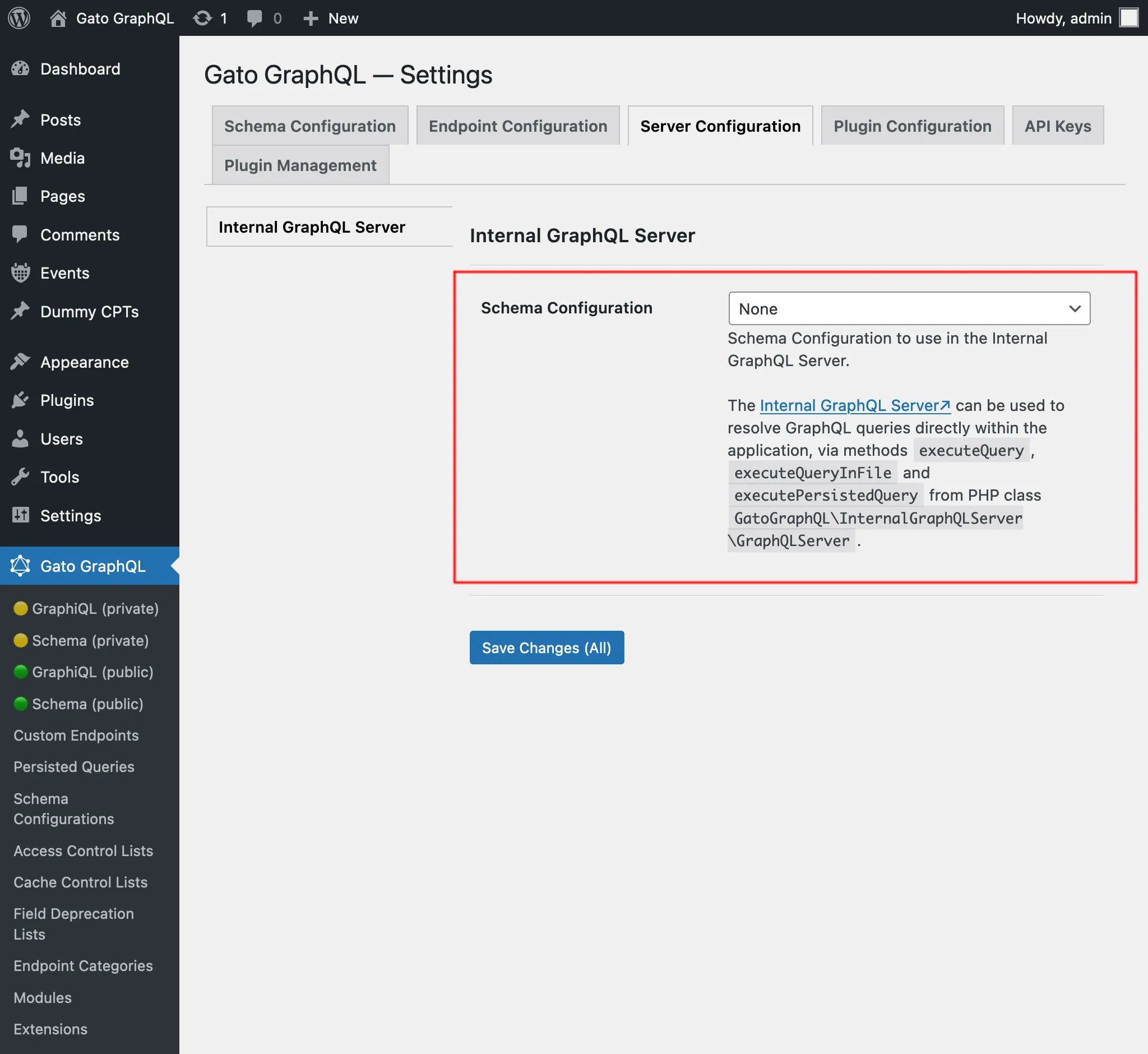설정 페이지에서 Internal GraphQL Server 구성하기