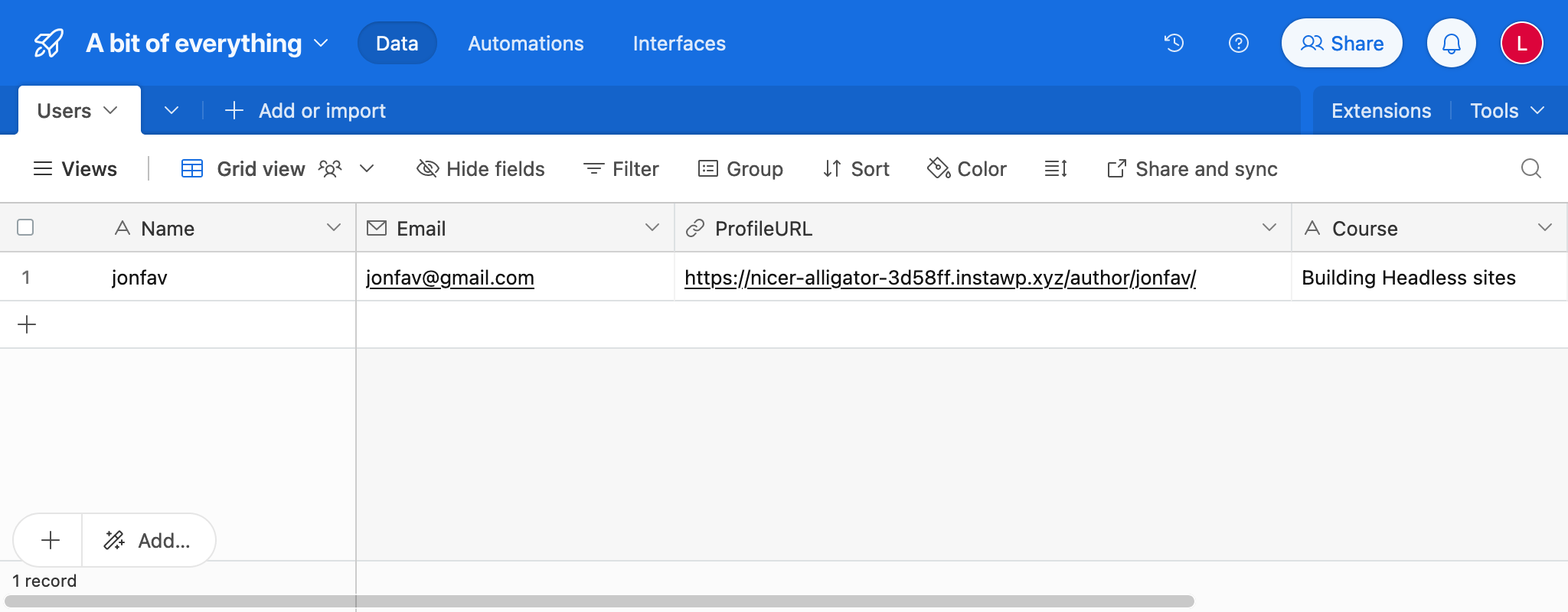 LMS 데이터가 포함된 AirTable 테이블