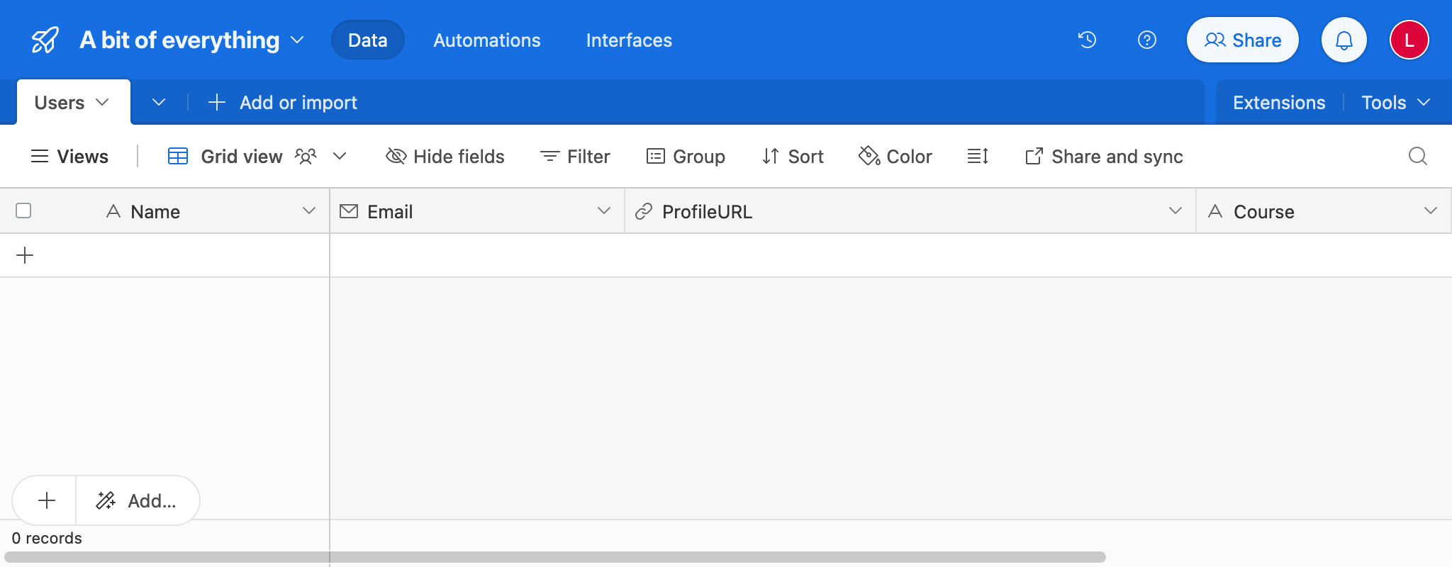 LMS 데이터가 포함된 AirTable 테이블