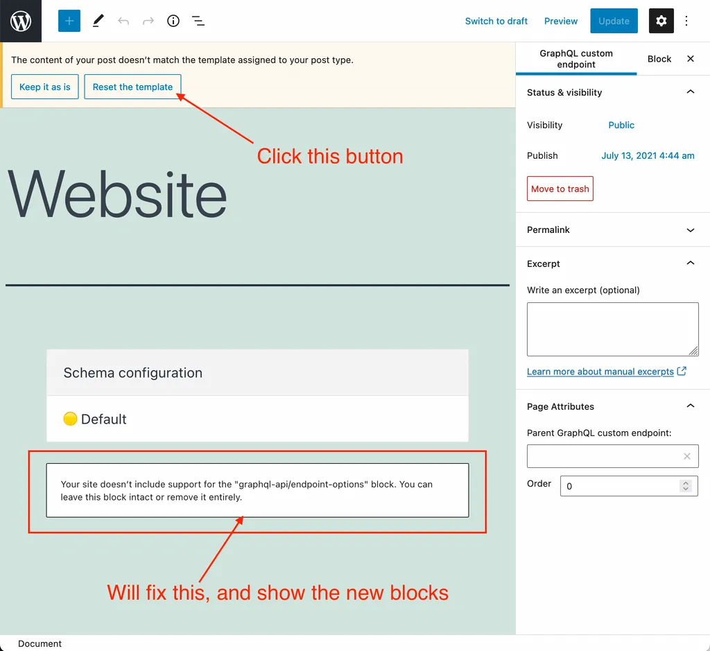 Reset the template in the WordPress editor Reset the template in the WordPress editor